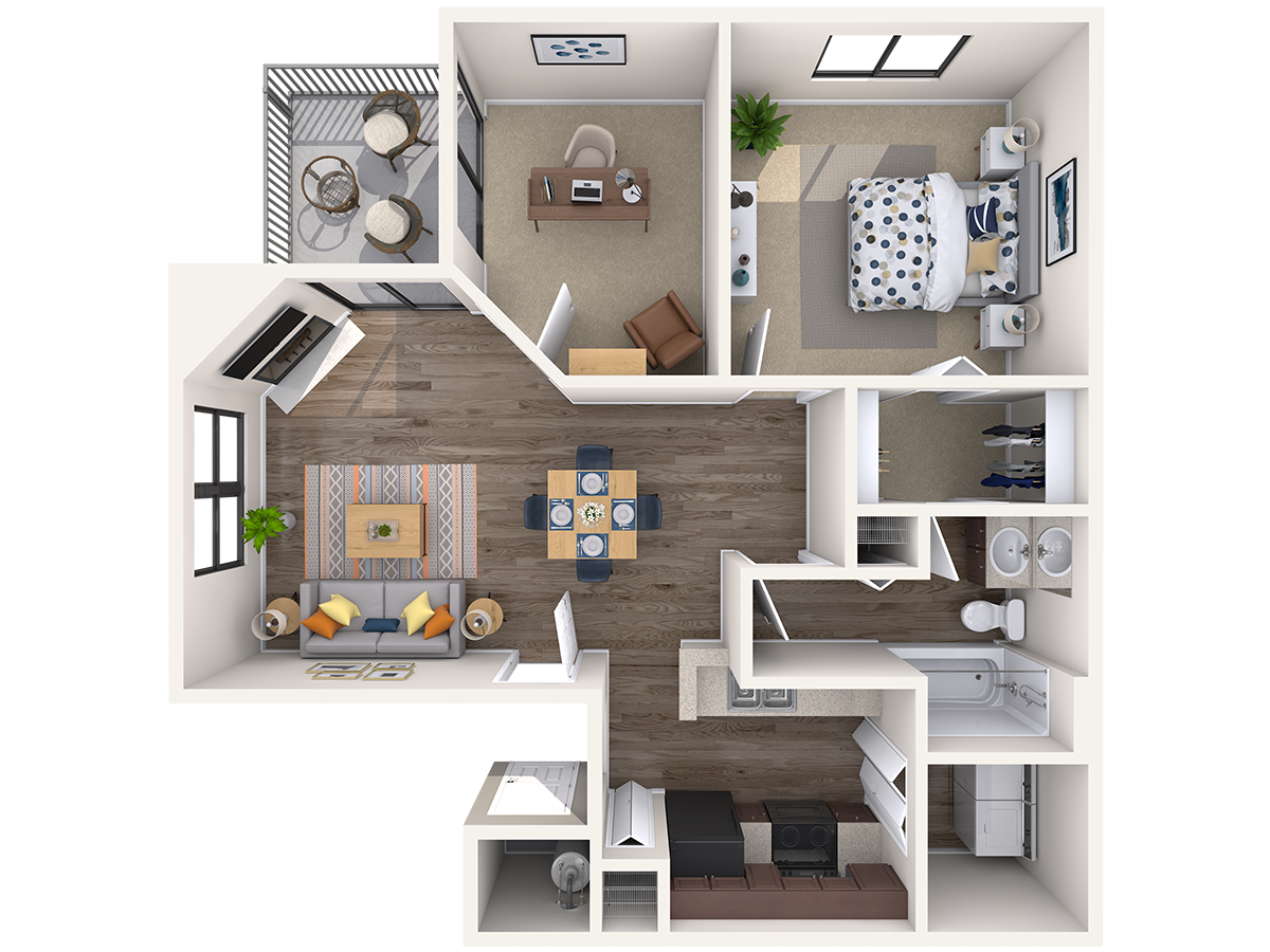 Floor plan for 1 bed, 1 bath, 834 sqft